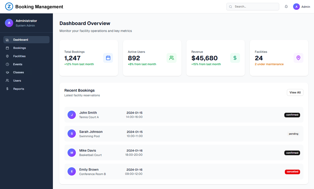 Booking Dashboard Interface